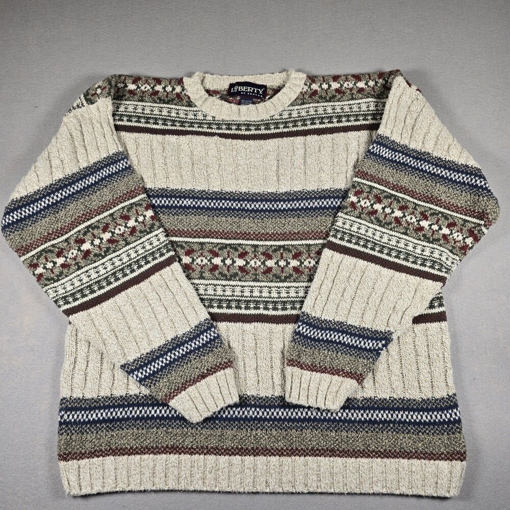 Liberty Mens L Beige Sweater Vintage Fair Isle Crewneck Cable Knit USA Made 124
